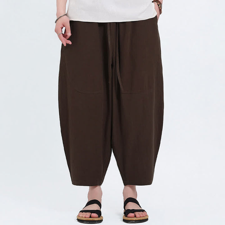 Buddha Stones Pantaloni capri estivi casual con coulisse in cotone e lino tinta unita, pantaloni harem da uomo con tasche - image 14