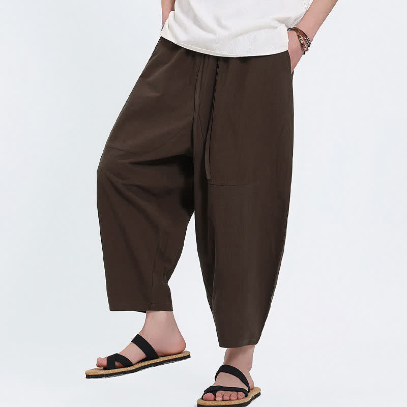 Buddha Stones Pantaloni capri estivi casual con coulisse in cotone e lino tinta unita, pantaloni harem da uomo con tasche - image 10