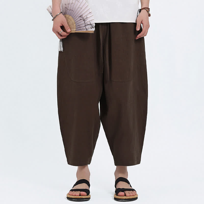 Buddha Stones Pantaloni capri estivi casual con coulisse in cotone e lino tinta unita, pantaloni harem da uomo con tasche - image 13