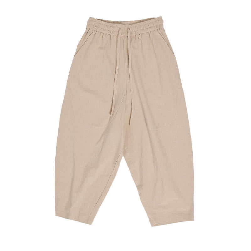 Buddha Stones Pantaloni capri estivi casual con coulisse in cotone e lino tinta unita, pantaloni harem da uomo con tasche - image 17