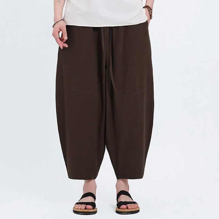 Buddha Stones Pantaloni capri estivi casual con coulisse in cotone e lino tinta unita, pantaloni harem da uomo con tasche - Marrone sella - US/UK/AU46, EU56 (5XL) - image 7