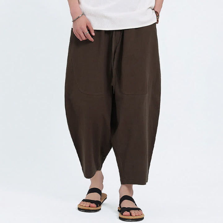 Buddha Stones Pantaloni capri estivi casual con coulisse in cotone e lino tinta unita, pantaloni harem da uomo con tasche - image 12