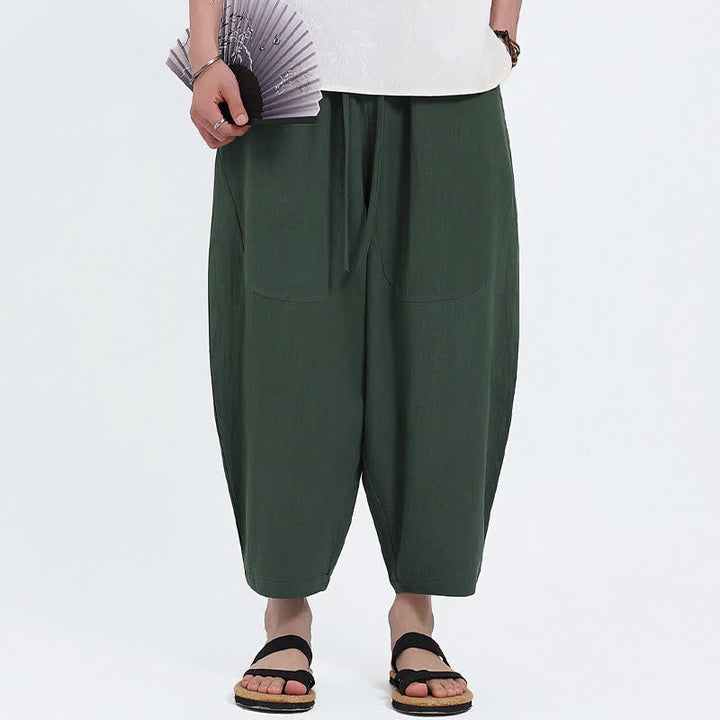 Buddha Stones Pantaloni capri estivi casual con coulisse in cotone e lino tinta unita, pantaloni harem da uomo con tasche - image 6