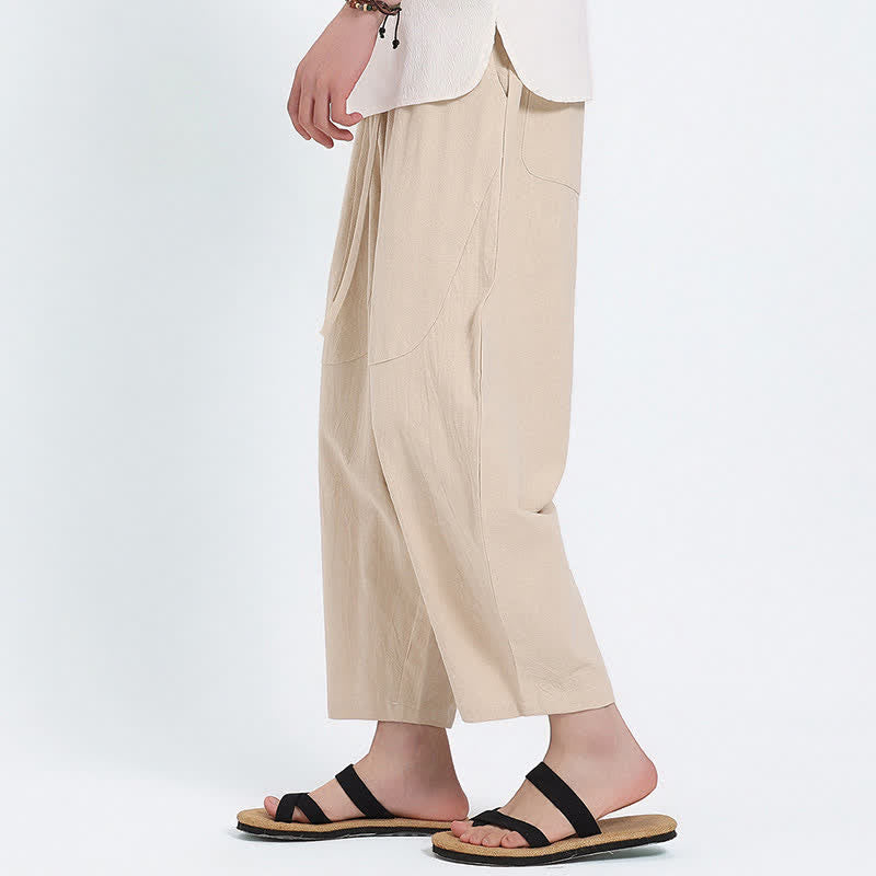 Buddha Stones Pantaloni capri estivi casual con coulisse in cotone e lino tinta unita, pantaloni harem da uomo con tasche - image 21