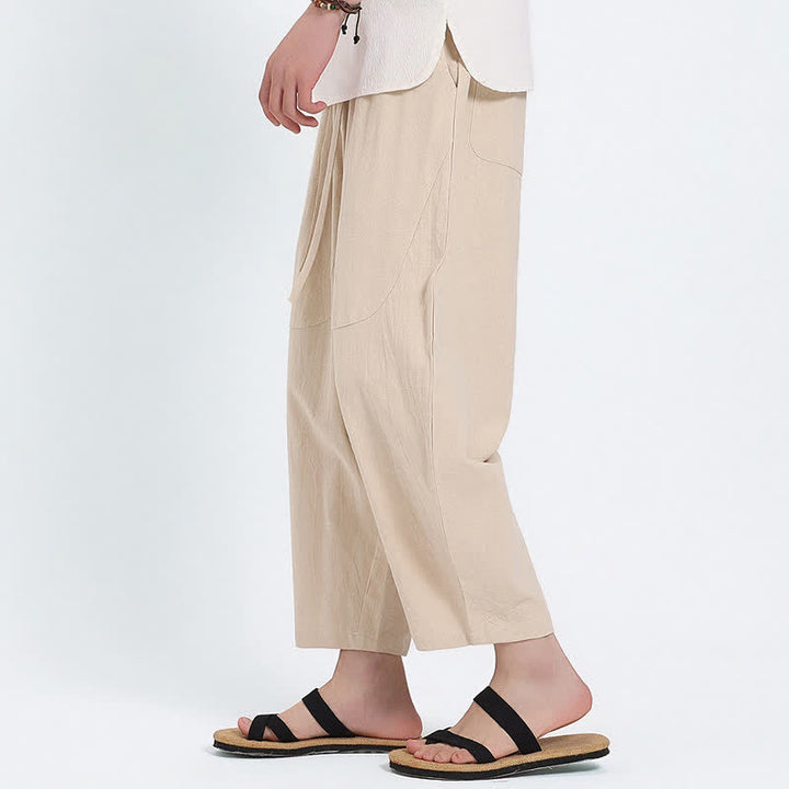 Buddha Stones Pantaloni capri estivi casual con coulisse in cotone e lino tinta unita, pantaloni harem da uomo con tasche - image 21