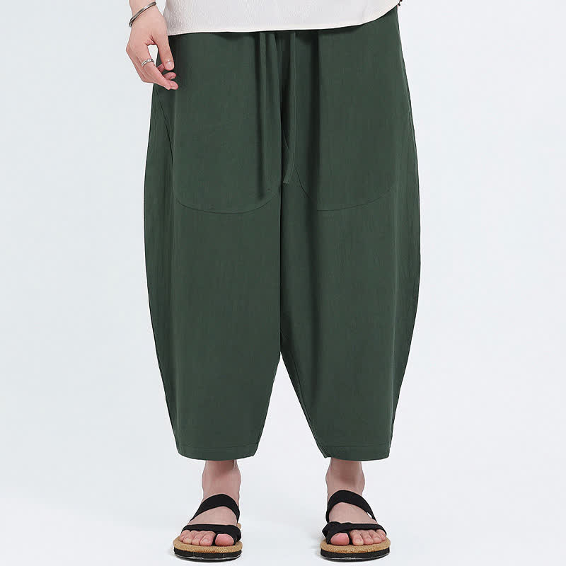 Buddha Stones Pantaloni capri estivi casual con coulisse in cotone e lino tinta unita, pantaloni harem da uomo con tasche - image 3