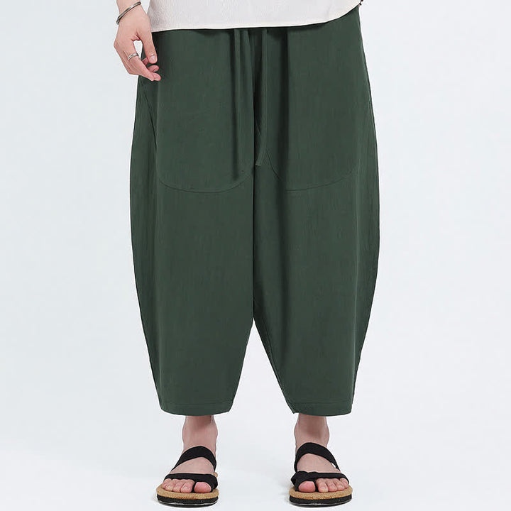 Buddha Stones Pantaloni capri estivi casual con coulisse in cotone e lino tinta unita, pantaloni harem da uomo con tasche - image 3