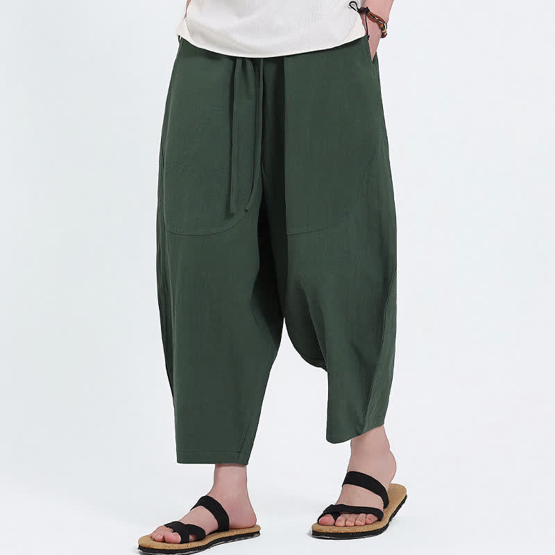 Buddha Stones Pantaloni capri estivi casual con coulisse in cotone e lino tinta unita, pantaloni harem da uomo con tasche - image 2