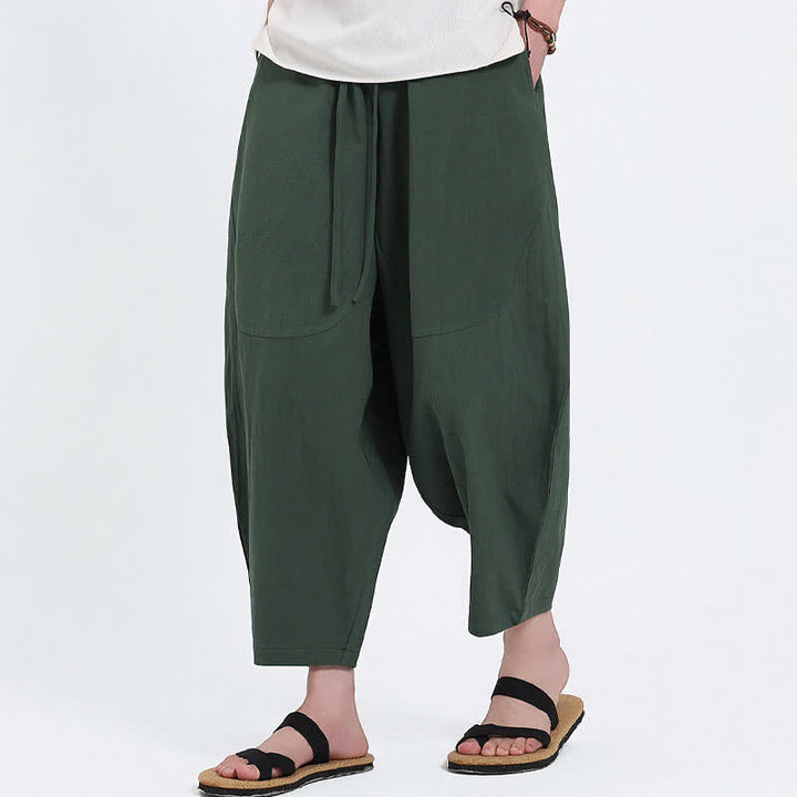 Buddha Stones Pantaloni capri estivi casual con coulisse in cotone e lino tinta unita, pantaloni harem da uomo con tasche - image 2