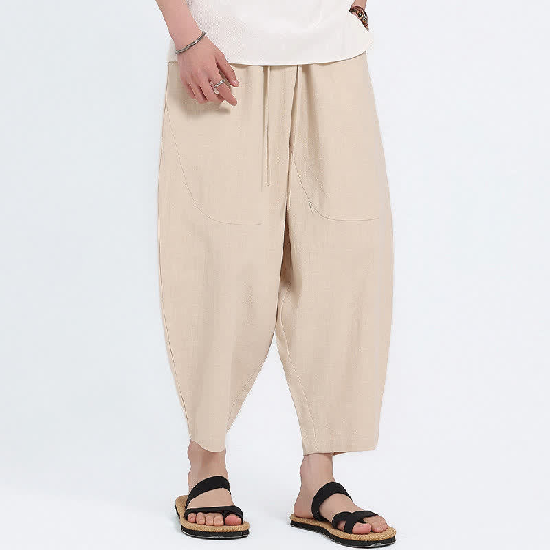 Buddha Stones Pantaloni capri estivi casual con coulisse in cotone e lino tinta unita, pantaloni harem da uomo con tasche - image 23