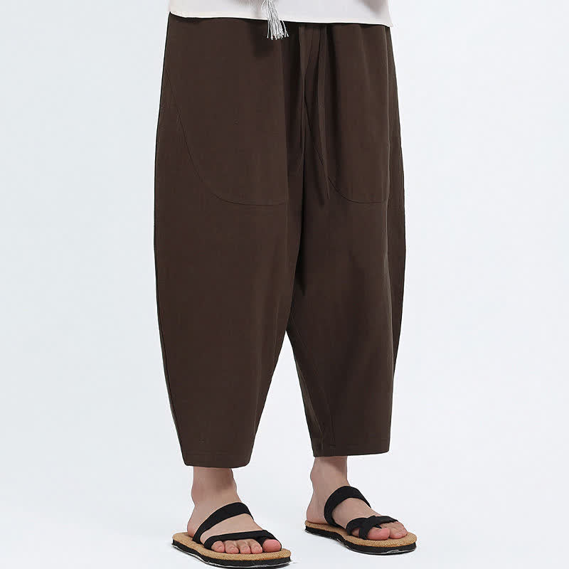 Buddha Stones Pantaloni capri estivi casual con coulisse in cotone e lino tinta unita, pantaloni harem da uomo con tasche - image 9