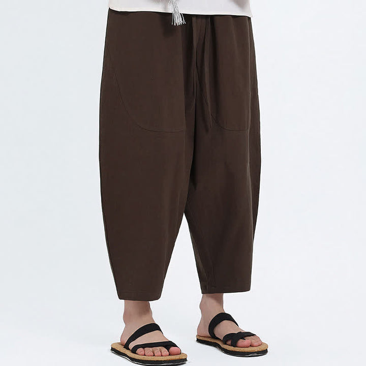 Buddha Stones Pantaloni capri estivi casual con coulisse in cotone e lino tinta unita, pantaloni harem da uomo con tasche - image 9