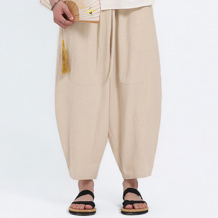 Buddha Stones Pantaloni capri estivi casual con coulisse in cotone e lino tinta unita, pantaloni harem da uomo con tasche - image 19