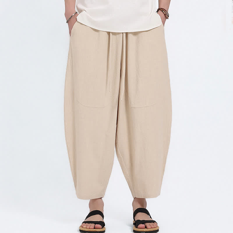 Buddha Stones Pantaloni capri estivi casual con coulisse in cotone e lino tinta unita, pantaloni harem da uomo con tasche - image 22