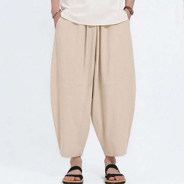 Buddha Stones Pantaloni capri estivi casual con coulisse in cotone e lino tinta unita, pantaloni harem da uomo con tasche - image 22