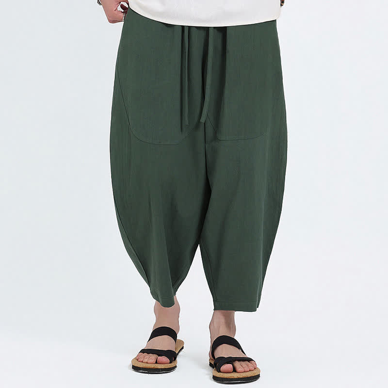 Buddha Stones Pantaloni capri estivi casual con coulisse in cotone e lino tinta unita, pantaloni harem da uomo con tasche - Verde studentesco - US/UK/AU46, EU56 (5XL) - image 0