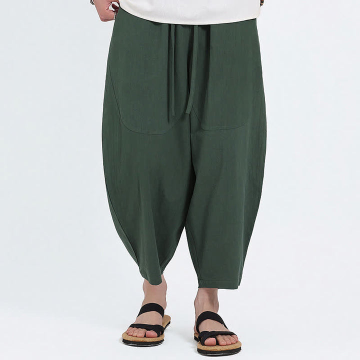 Buddha Stones Pantaloni capri estivi casual con coulisse in cotone e lino tinta unita, pantaloni harem da uomo con tasche - Verde studentesco - US/UK/AU46, EU56 (5XL) - image 0