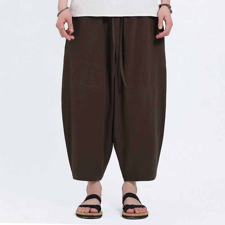Buddha Stones Pantaloni capri estivi casual con coulisse in cotone e lino tinta unita, pantaloni harem da uomo con tasche - image 11