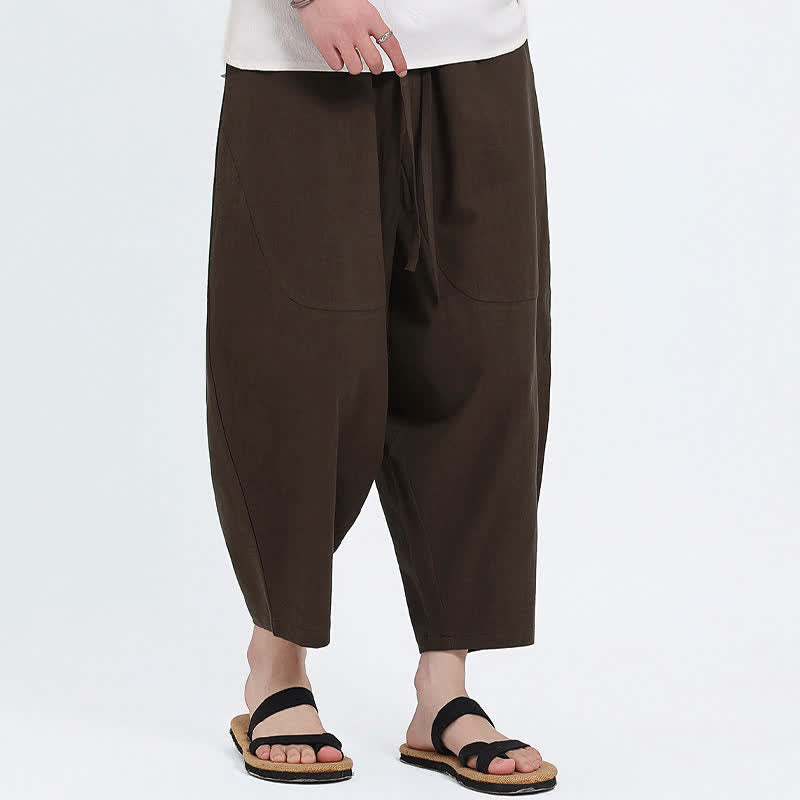 Buddha Stones Pantaloni capri estivi casual con coulisse in cotone e lino tinta unita, pantaloni harem da uomo con tasche - image 8