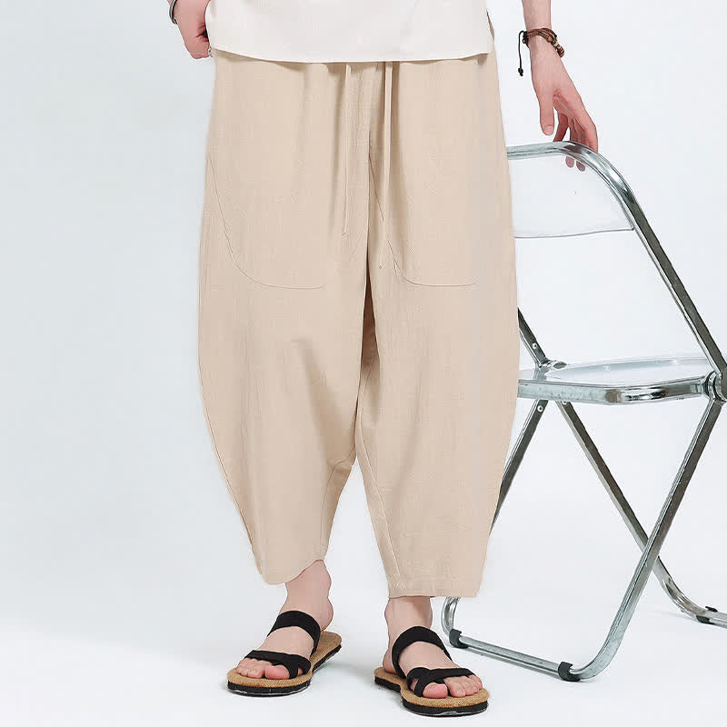 Buddha Stones Pantaloni capri estivi casual con coulisse in cotone e lino tinta unita, pantaloni harem da uomo con tasche - image 20
