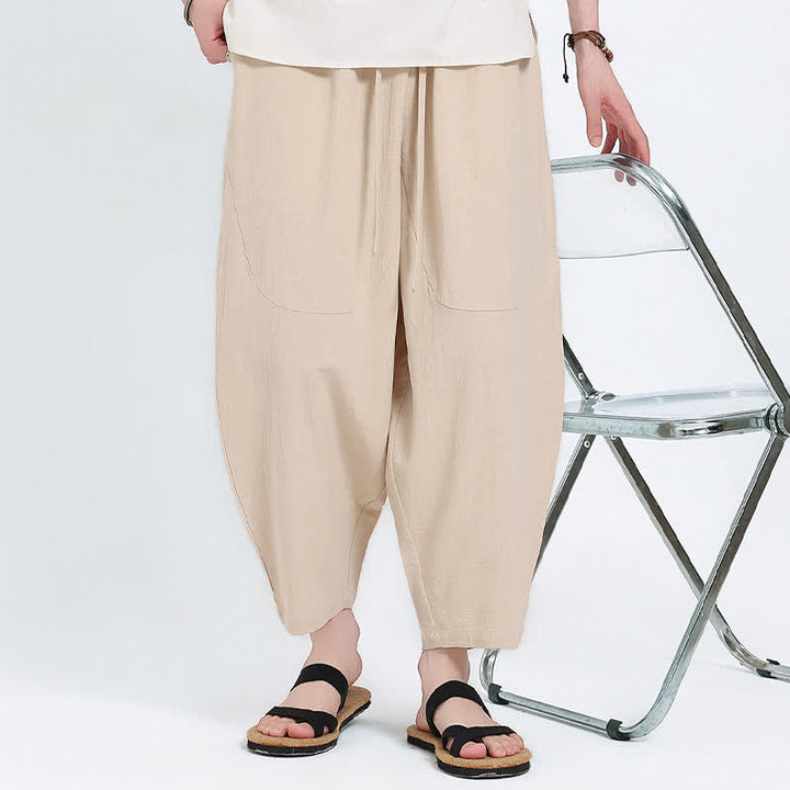 Buddha Stones Pantaloni capri estivi casual con coulisse in cotone e lino tinta unita, pantaloni harem da uomo con tasche - image 20