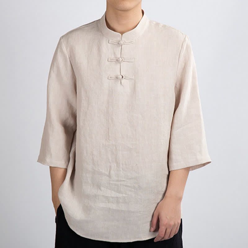 Buddha Stones Camicia da uomo a maniche a tre quarti, tinta unita, stile estivo Tang, con colletto alla coreana e bottoni a rana. - Biancheria - US/UK/AU46, EU56 (4XL) - image 0