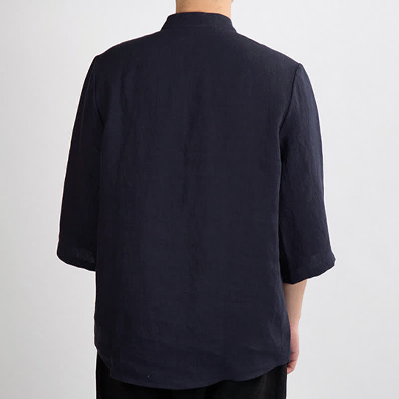 Buddha Stones Camicia da uomo a maniche a tre quarti, tinta unita, stile estivo Tang, con colletto alla coreana e bottoni a rana. - image 12