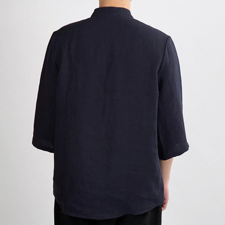 Buddha Stones Camicia da uomo a maniche a tre quarti, tinta unita, stile estivo Tang, con colletto alla coreana e bottoni a rana. - image 12