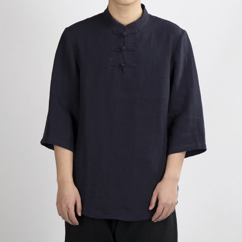 Buddha Stones Camicia da uomo a maniche a tre quarti, tinta unita, stile estivo Tang, con colletto alla coreana e bottoni a rana. - image 11