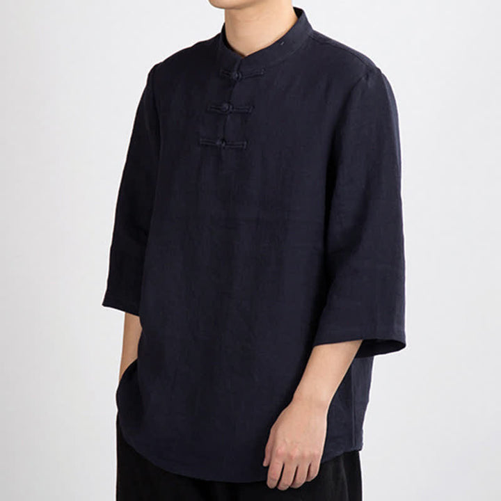 Buddha Stones Camicia da uomo a maniche a tre quarti, tinta unita, stile estivo Tang, con colletto alla coreana e bottoni a rana. - image 10