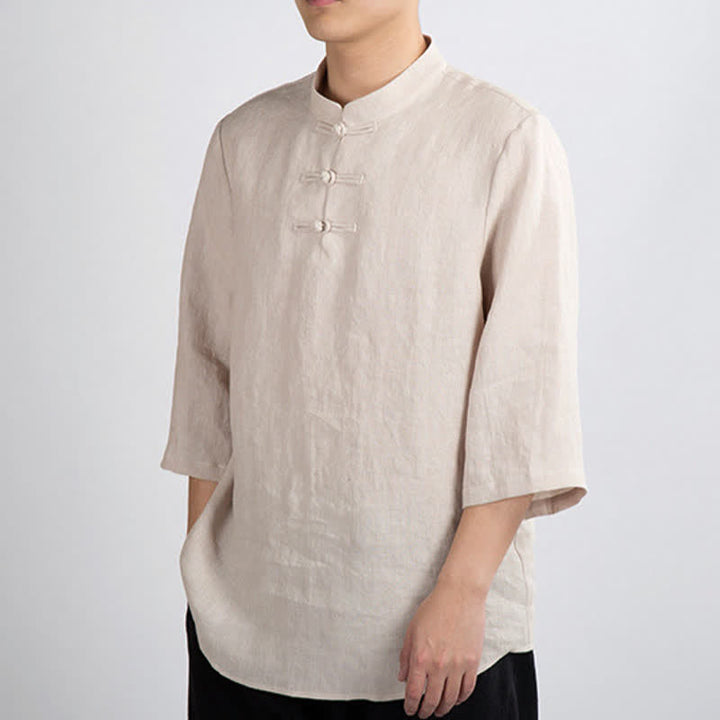 Buddha Stones Camicia da uomo a maniche a tre quarti, tinta unita, stile estivo Tang, con colletto alla coreana e bottoni a rana. - image 3