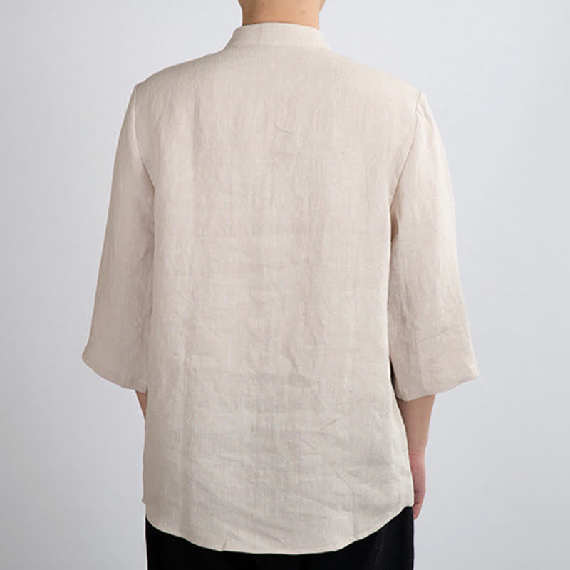 Buddha Stones Camicia da uomo a maniche a tre quarti, tinta unita, stile estivo Tang, con colletto alla coreana e bottoni a rana. - image 1