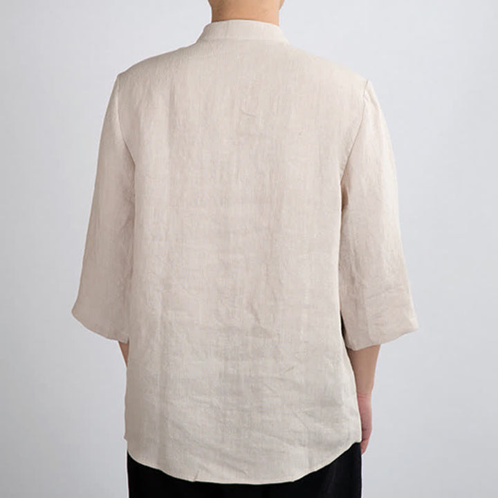 Buddha Stones Camicia da uomo a maniche a tre quarti, tinta unita, stile estivo Tang, con colletto alla coreana e bottoni a rana. - image 1