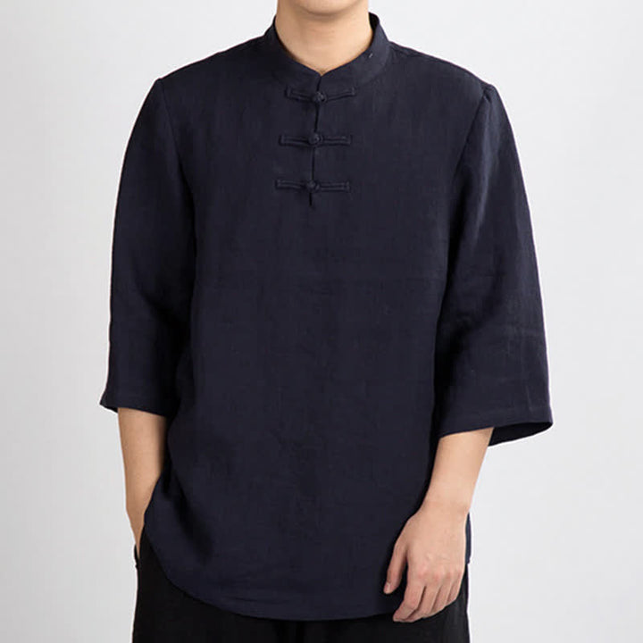 Buddha Stones Camicia da uomo a maniche a tre quarti, tinta unita, stile estivo Tang, con colletto alla coreana e bottoni a rana. - Blu notte - US/UK/AU46, EU56 (4XL) - image 9
