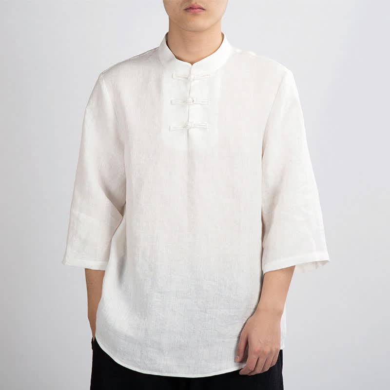 Buddha Stones Camicia da uomo a maniche a tre quarti, tinta unita, stile estivo Tang, con colletto alla coreana e bottoni a rana. - Bianco - US/UK/AU46, EU56 (4XL) - image 6