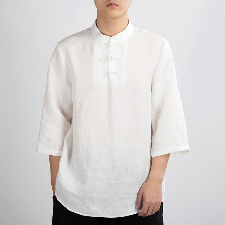 Buddha Stones Camicia da uomo a maniche a tre quarti, tinta unita, stile estivo Tang, con colletto alla coreana e bottoni a rana. - Bianco - US/UK/AU46, EU56 (4XL) - image 6