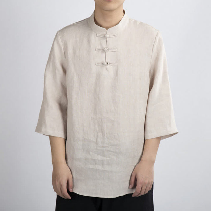 Buddha Stones Camicia da uomo a maniche a tre quarti, tinta unita, stile estivo Tang, con colletto alla coreana e bottoni a rana. - image 2