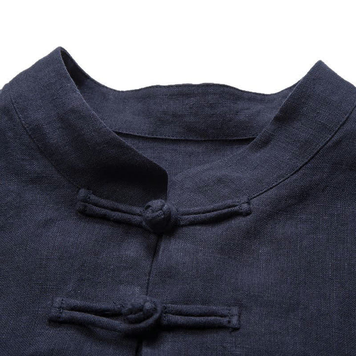 Buddha Stones Camicia da uomo a maniche a tre quarti, tinta unita, stile estivo Tang, con colletto alla coreana e bottoni a rana. - image 16