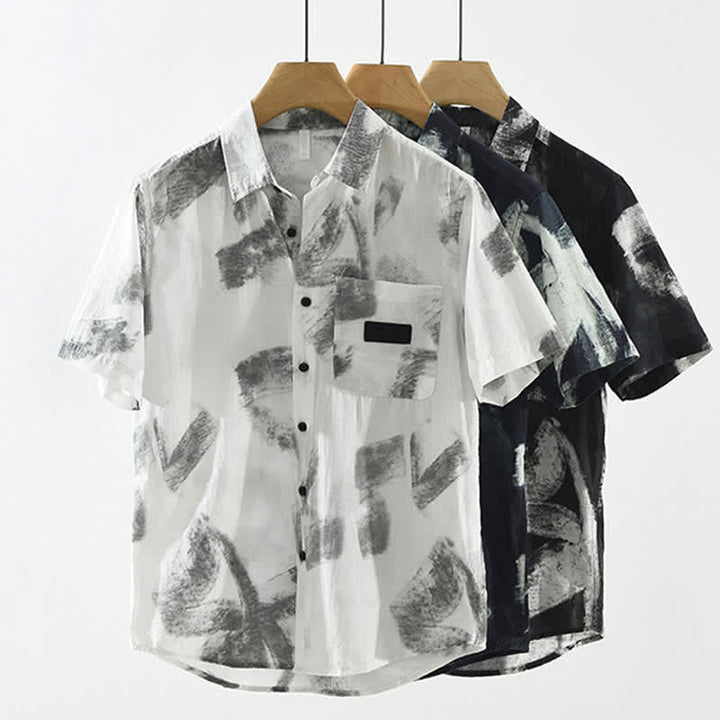 Buddha Stones Camicia da uomo estiva casual a maniche corte con bottoni e stampa astratta, con taschino. - image 11