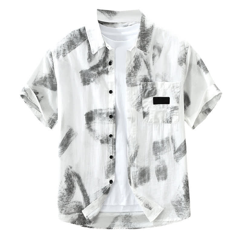 Buddha Stones Camicia da uomo estiva casual a maniche corte con bottoni e stampa astratta, con taschino. - image 2