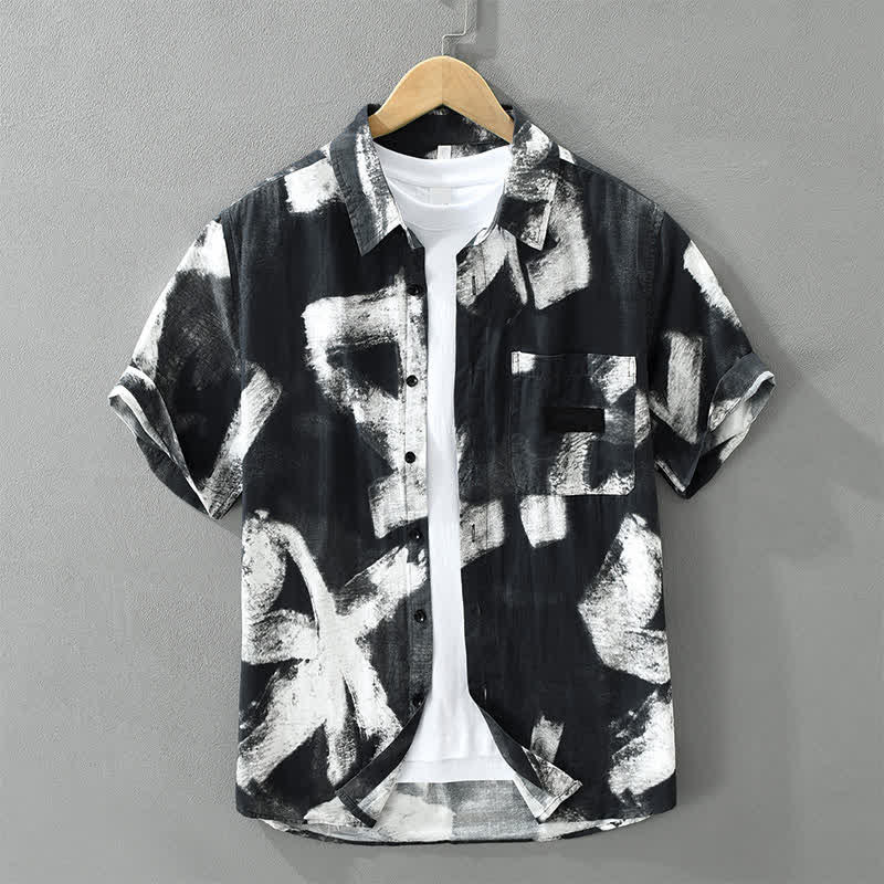 Buddha Stones Camicia da uomo estiva casual a maniche corte con bottoni e stampa astratta, con taschino. - Nero - US/UK/AU42, EU52 (3XL) - image 9