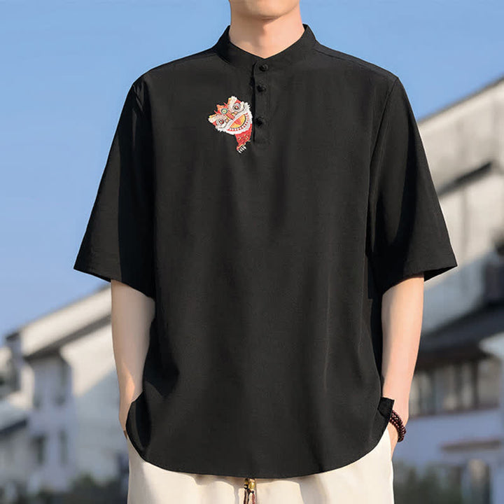 Buddha Stones Camicia da uomo a maniche corte, tinta unita, stile Tang estivo, con colletto alla coreana e ricami. - Nero - US/UK/AU46, EU56 (5XL) - image 0
