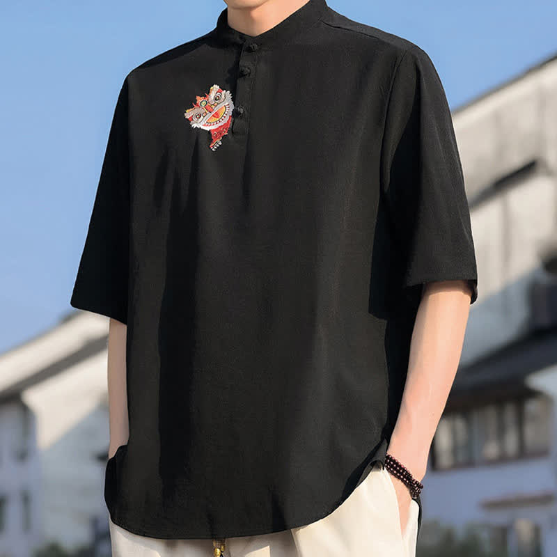 Buddha Stones Camicia da uomo a maniche corte, tinta unita, stile Tang estivo, con colletto alla coreana e ricami. - image 4