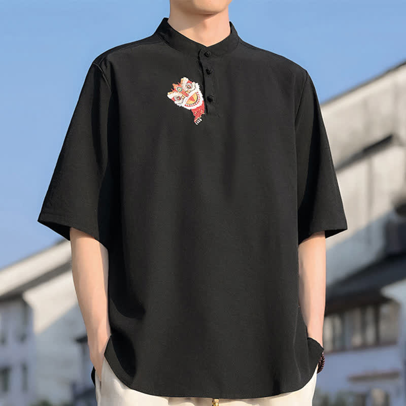 Buddha Stones Camicia da uomo a maniche corte, tinta unita, stile Tang estivo, con colletto alla coreana e ricami. - image 2