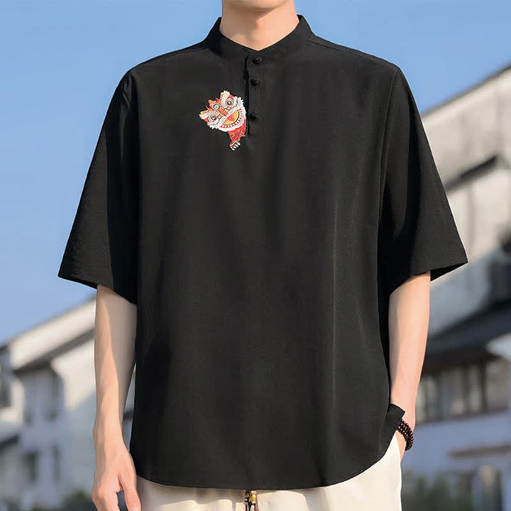 Buddha Stones Camicia da uomo a maniche corte, tinta unita, stile Tang estivo, con colletto alla coreana e ricami. - image 3