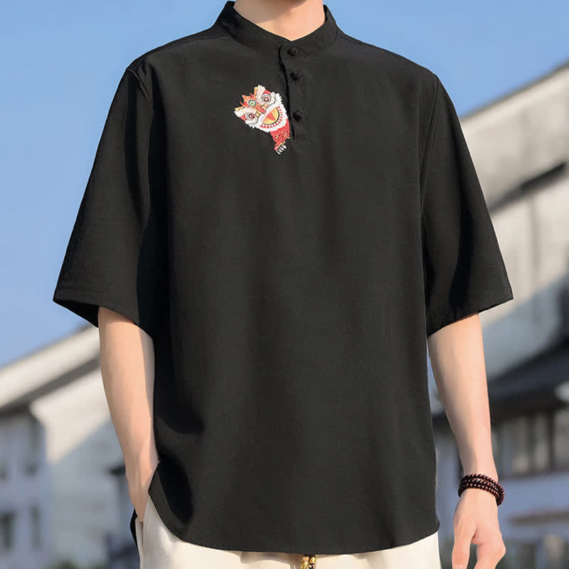 Buddha Stones Camicia da uomo a maniche corte, tinta unita, stile Tang estivo, con colletto alla coreana e ricami. - image 1