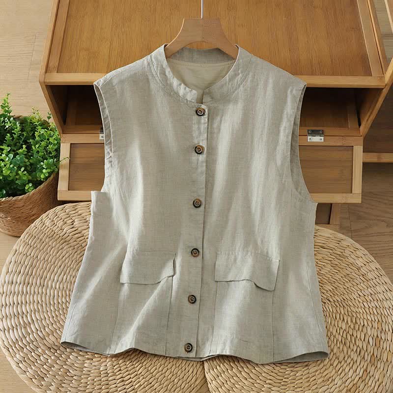 Buddha Stones Camicia senza maniche da donna Summer Tang, minimalista, con colletto alla coreana, abbottonatura frontale e tasca, tinta unita. - Beige - US12, UK/AU16, EU44 (2XL) - image 0