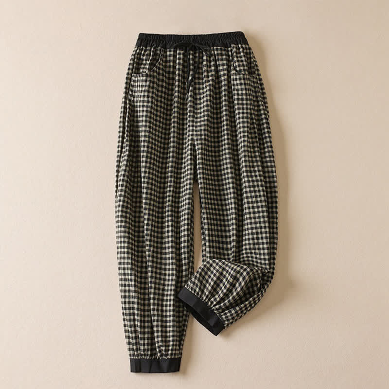 Buddha Stones Pantaloni corti estivi casual minimalisti a quadri con coulisse, pantaloni harem da donna con tasca - image 1
