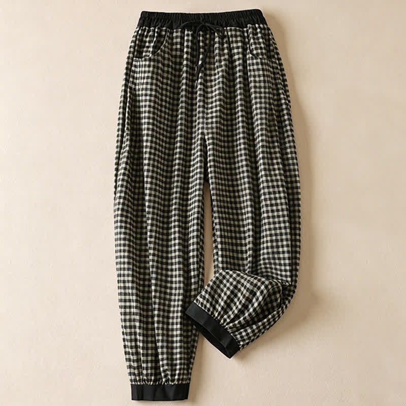 Buddha Stones Pantaloni corti estivi casual minimalisti a quadri con coulisse, pantaloni harem da donna con tasca - Bianco - US8-10, UK/AU12-14, EU40-42 (2XL) - image 0