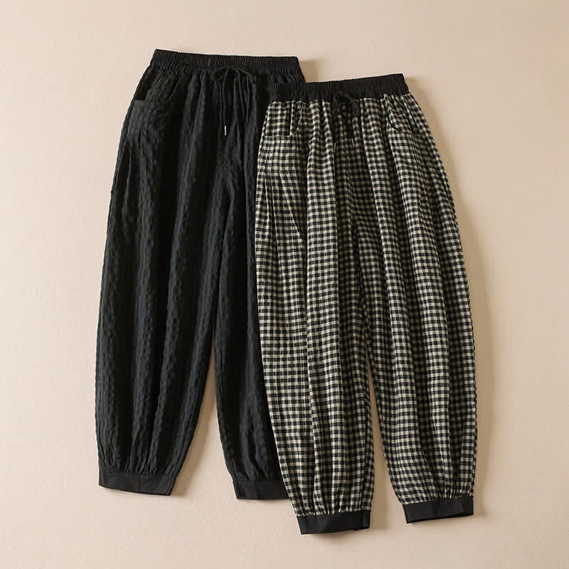 Buddha Stones Pantaloni corti estivi casual minimalisti a quadri con coulisse, pantaloni harem da donna con tasca - image 10
